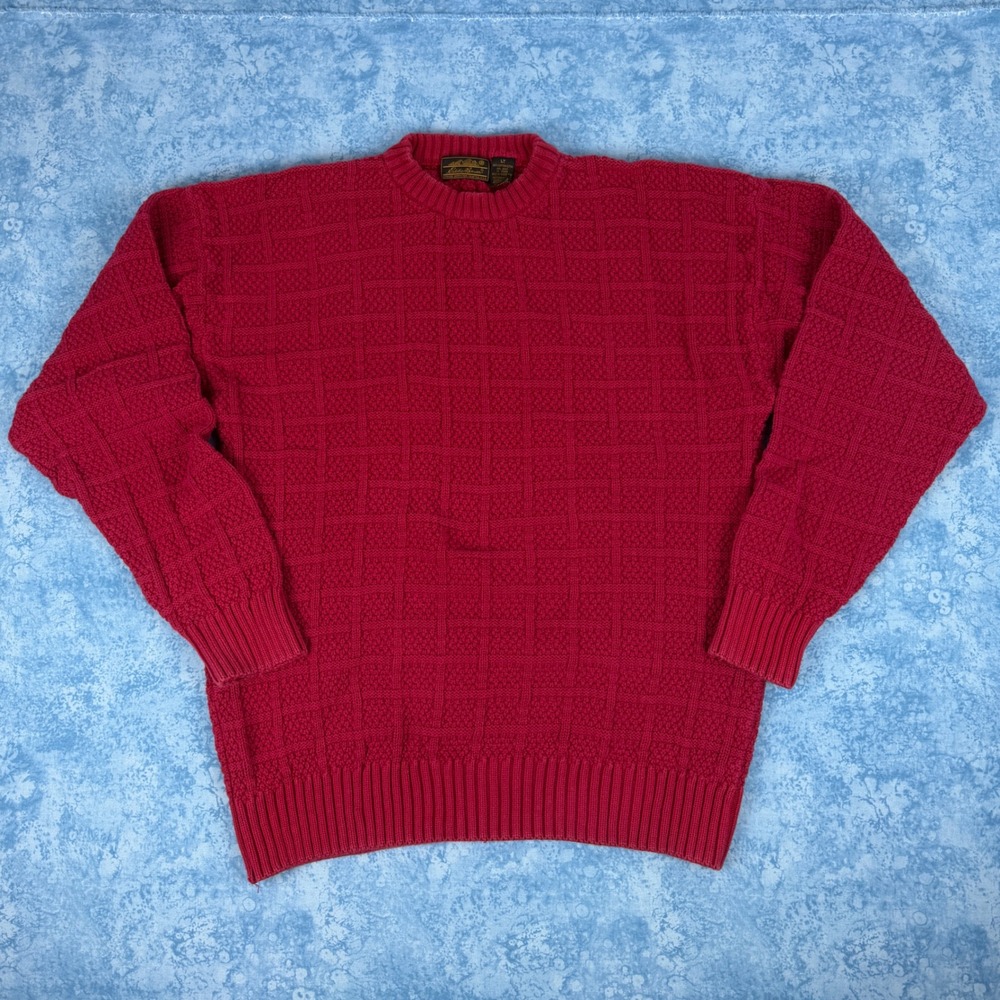 Vintage Eddie Bauer Basketweave Knit Cotton Crewneck Sweater Mens LT Red